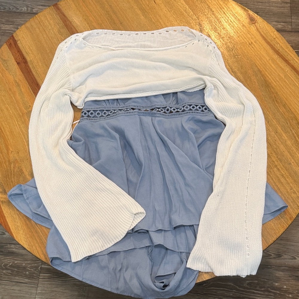 White Knit Top and Blue cross back  romper